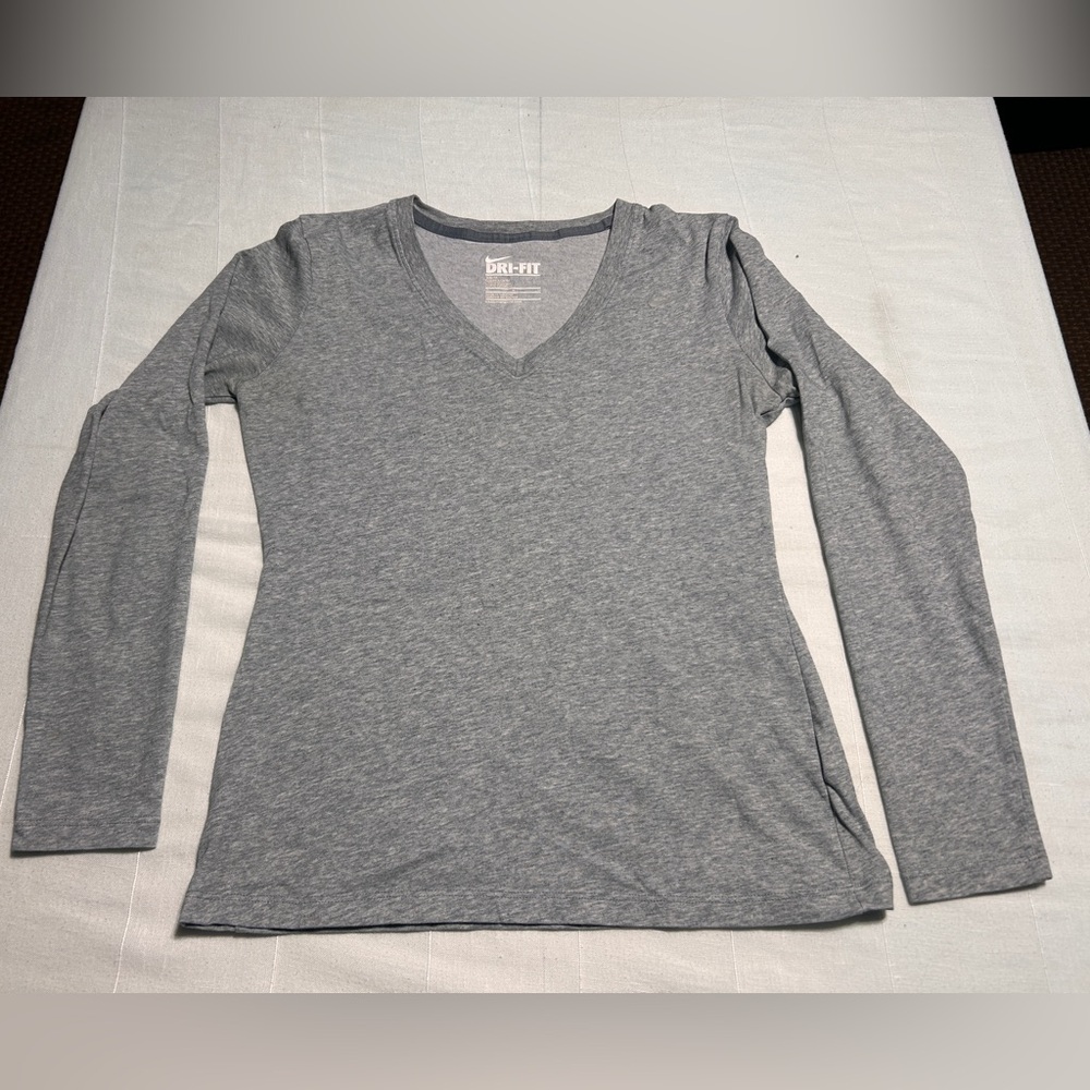 Nike Women's Gray Dri-FIT Long Sleeve V-Neck Top